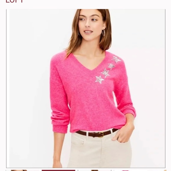 Ann Taylor Loft Pink Shimmer Star V Neck Sweater - Picture 2 of 6